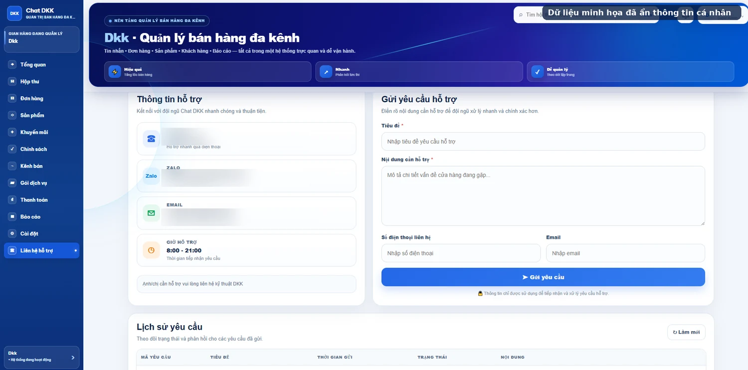 Trung tâm hỗ trợ trên ứng dụng Chat DKK